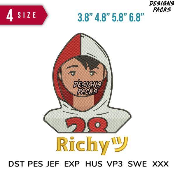 Richy ツ embroidery design in 4 sizes, compatible with DST PES JEF formats for instant download