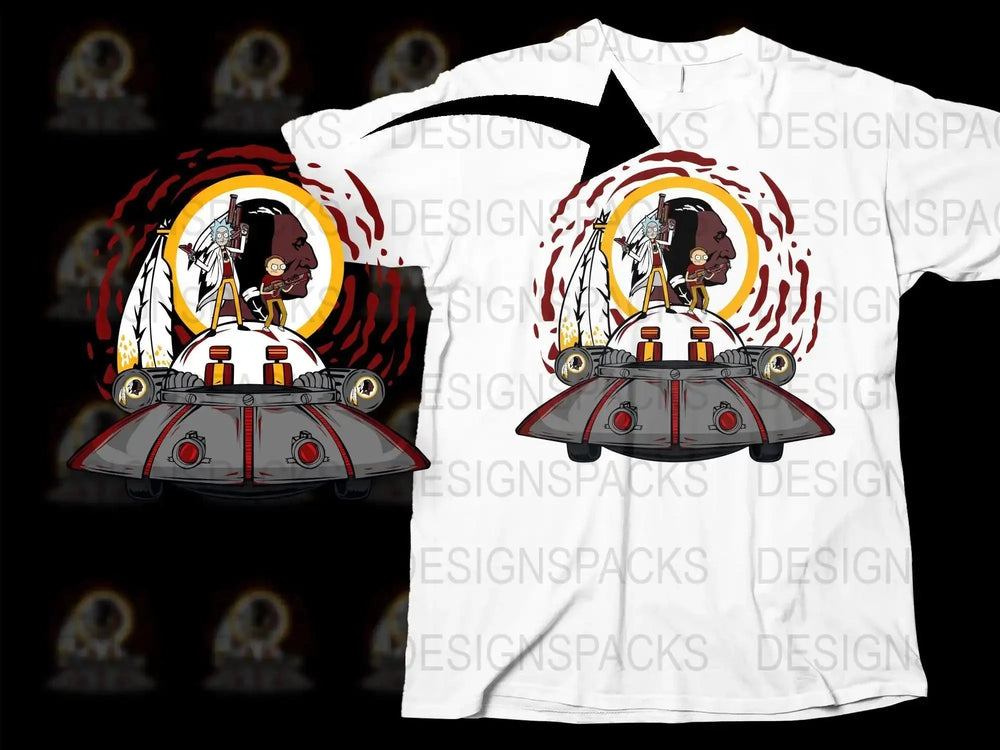 Rick and Morty on spaceship with Native American chief design, print-ready for DTG/DTF t-shirts
