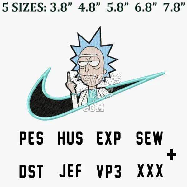 Rick Sanchez embroidery design with Nike swoosh, available in PES, HUS, EXP, SEW, DST, JEF, VP3, XXX formats