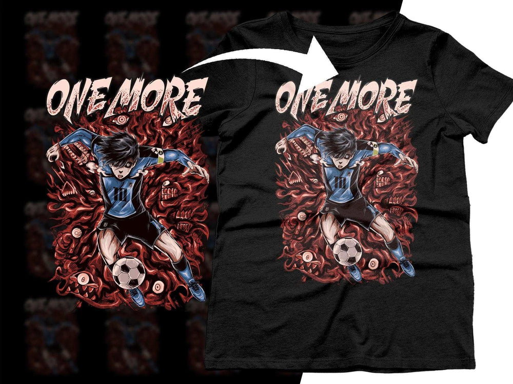 Soccer player anime design on black t-shirt, 'ONE MORE' text, red flames, print-ready graphic for DTF DTG