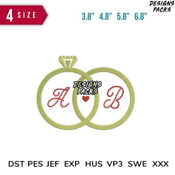 Embroidery design of interlocking rings with monograms A & B, diamond, heart; 4 sizes, DST PES formats