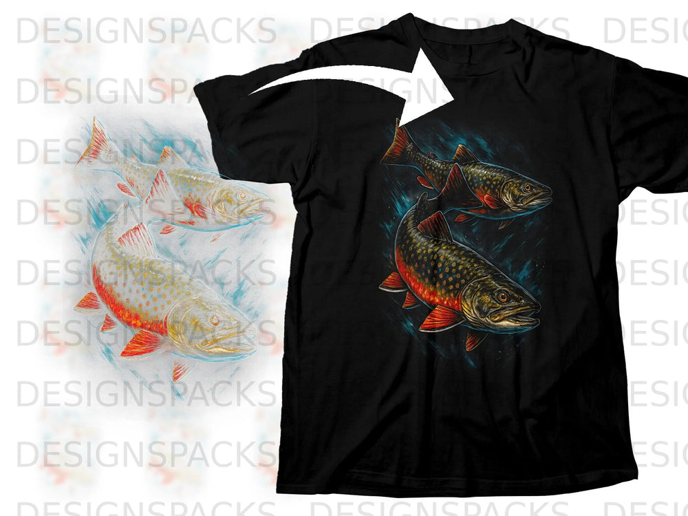 Black t-shirt with a graphic of three colorful trout swimming underwater.