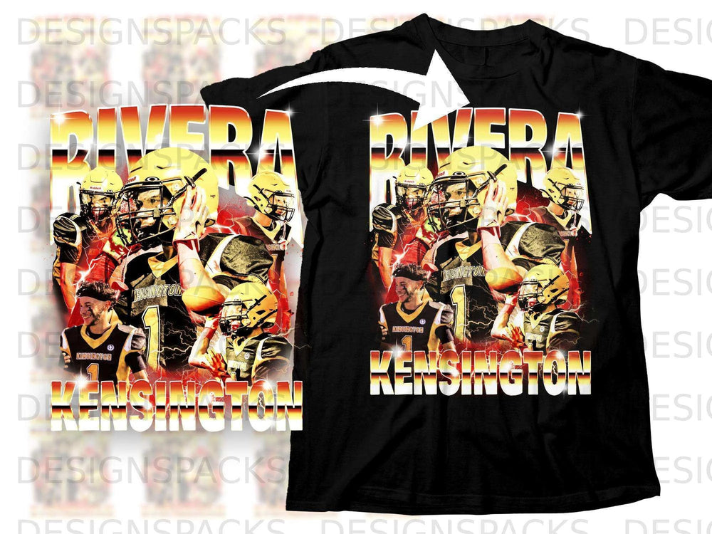 Black t-shirt with a distressed graphic of a football player and the text "KENSINGTON".