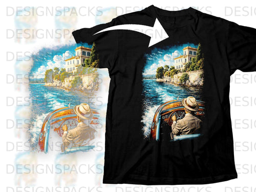 Man in suit drives vintage boat past mansion and coastline.