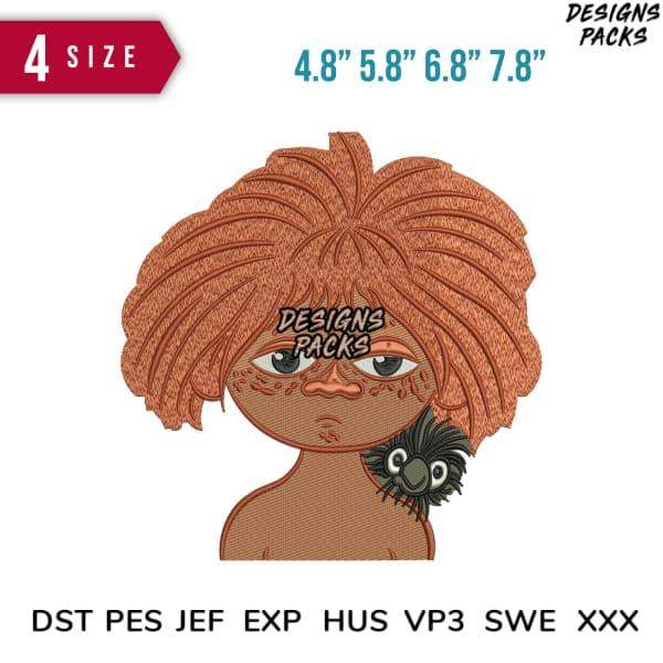 Embroidery design of girl with curly hair & bird, 4 sizes, PES DST JEF formats