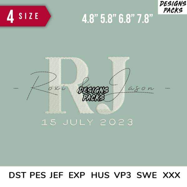 RJ monogram embroidery design with names & date, 4 sizes, DST PES JEF formats for instant download