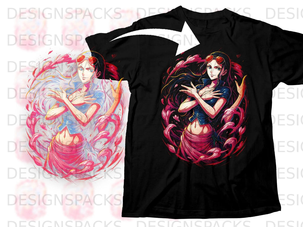 Black t-shirt with an anime-style woman in red glasses and pink skirt.