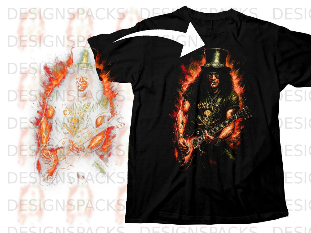 Black t-shirt with a graphic of a man with a top hat playing guitar amidst flames.