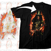 Black t-shirt with a graphic of a man with a top hat playing guitar amidst flames.