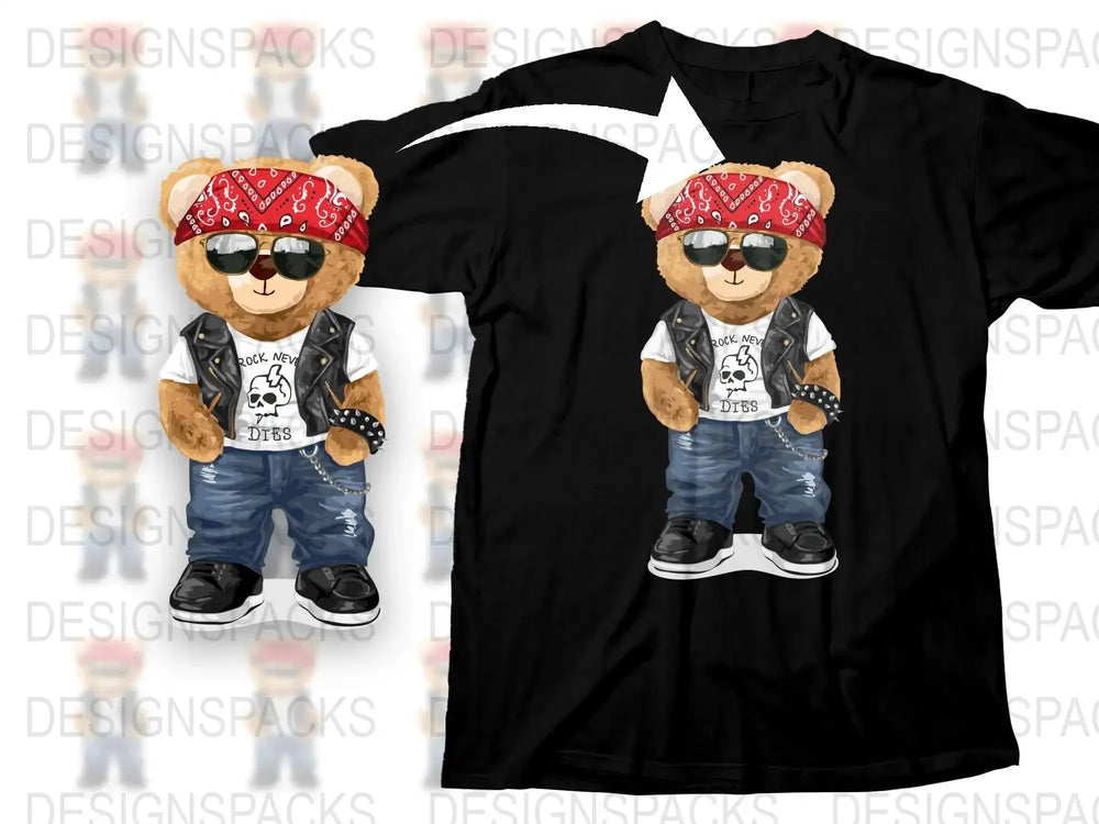 Rock Never Dies Skull Bear in Sunglasses Png Digital Download