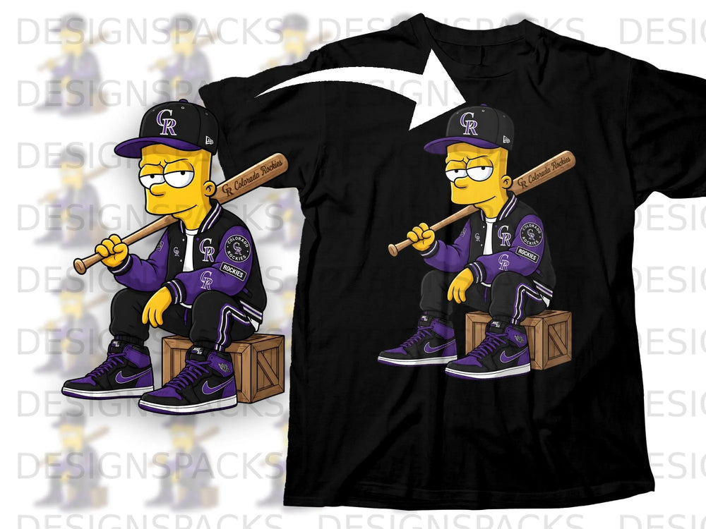 Bart Simpson wears a Colorado Rockies baseball cap, jacket, and sneakers while holding a bat.