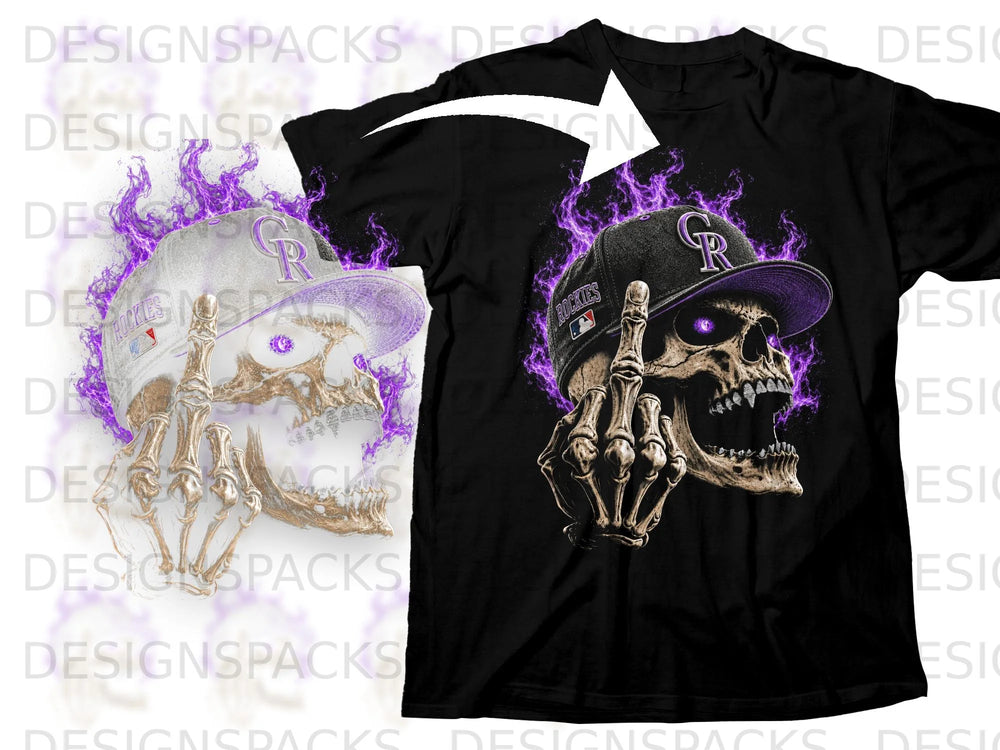 Black t-shirt with a skull, Colorado Rockies hat, and purple flames.