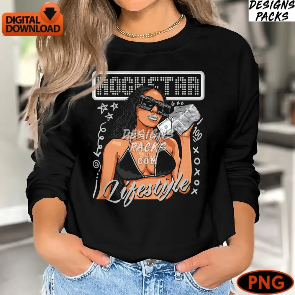 Rockstar Lifestyle Digital Art Instant Download Png Stylish Woman With Microphone Illustration