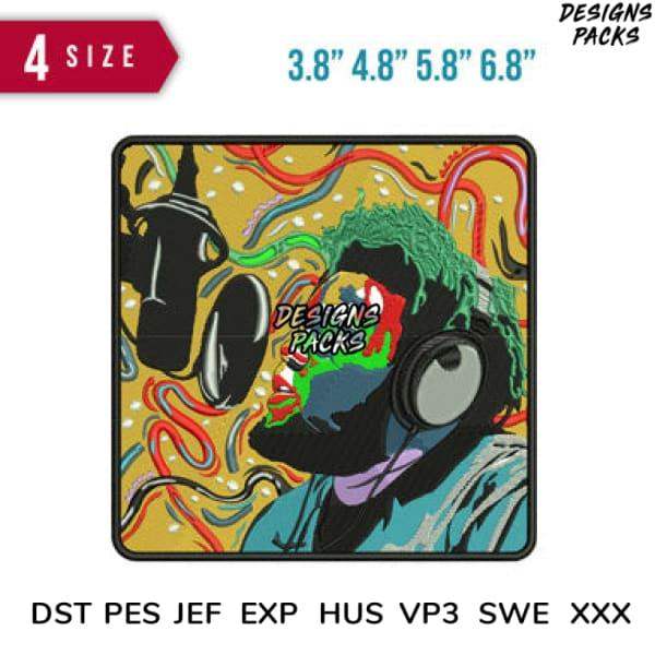 Vibrant digital art design with headphones, colorful swirls, and text for embroidery and print-ready formats.