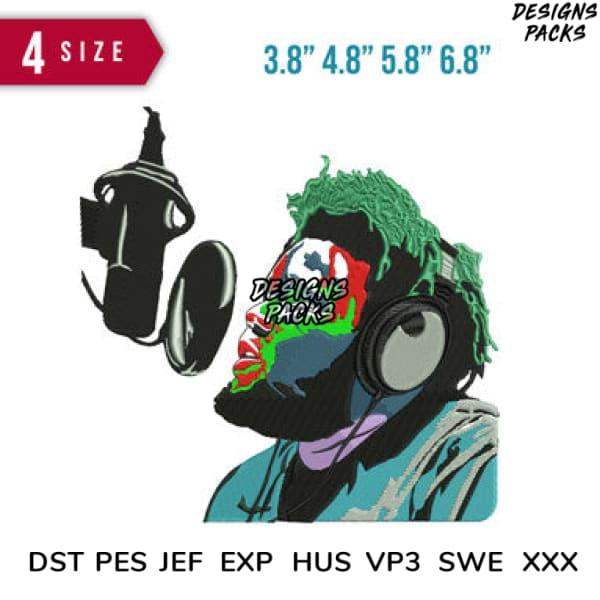 Embroidery design of rapper with green hair, headphones, mic; 4 sizes, DST PES JEF formats