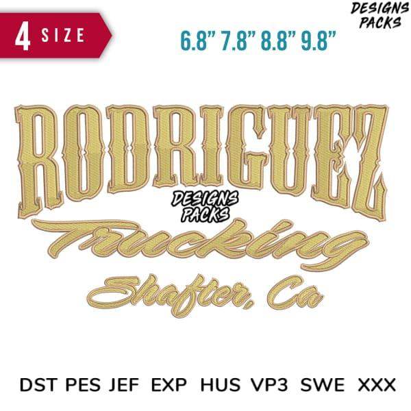 Rodriguez Trucking embroidery design in gold, 4 sizes, PES DST JEF formats for instant download