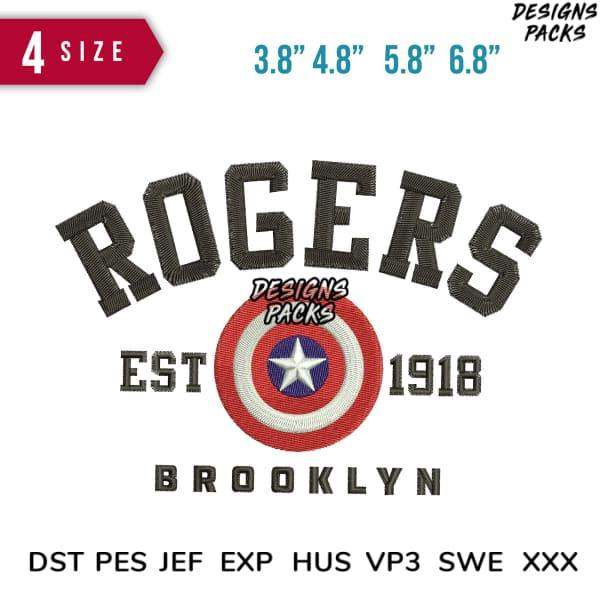 Rogers Brooklyn embroidery design with Captain America shield, 4 sizes, DST PES formats