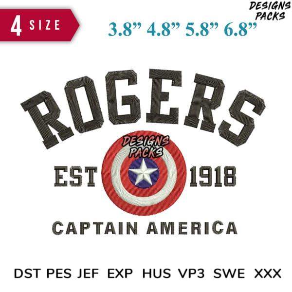 Captain America Rogers EST 1918 embroidery design in 4 sizes, PES DST JEF formats