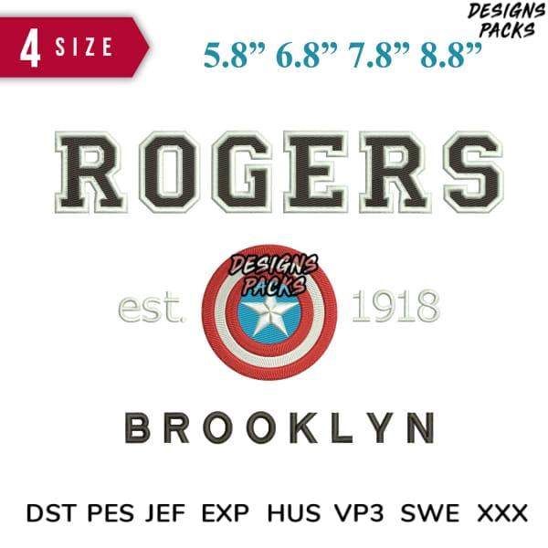 Rogers Brooklyn embroidery design with Captain America shield, 4 sizes, DST PES JEF formats
