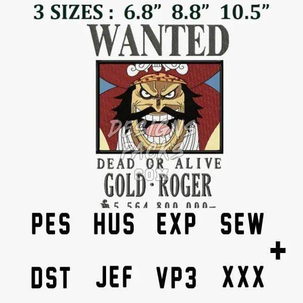 Gold Roger wanted poster embroidery design in PES, DST, JEF formats, 3 sizes for machine stitching