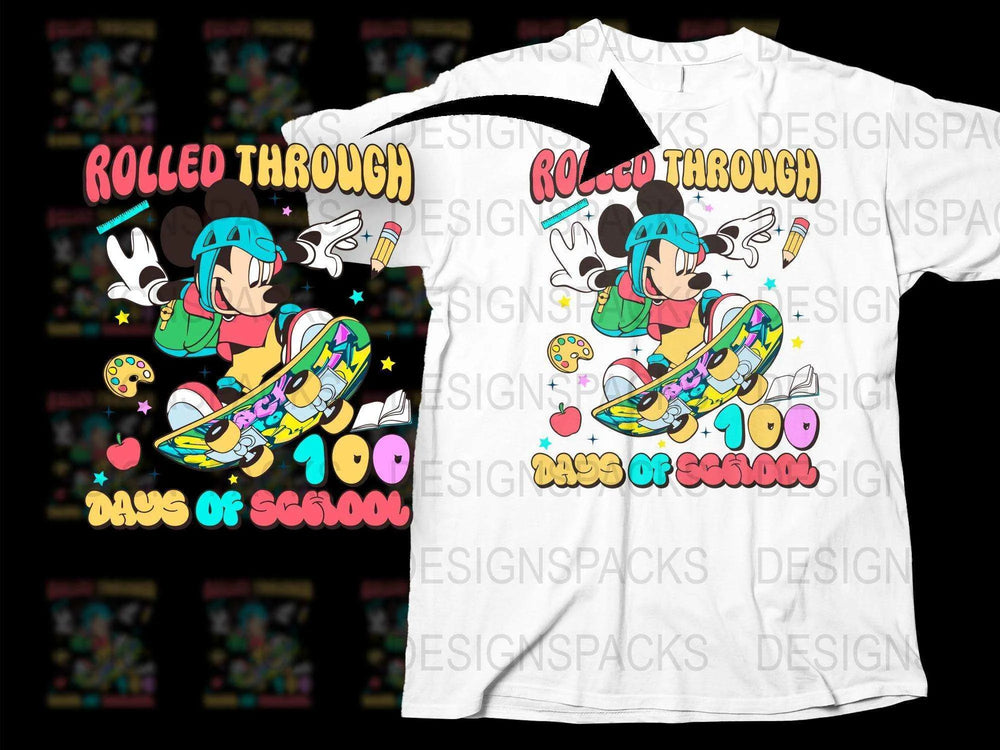 Colorful Kids 100 Days of School T-Shirt, Cartoon Skateboard Design, Youth Graphic Tee, Bright Casual Wear