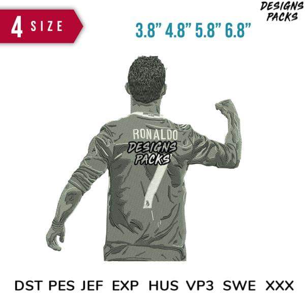 Ronaldo soccer jersey embroidery design in 4 sizes, compatible with DST PES JEF formats for instant download.