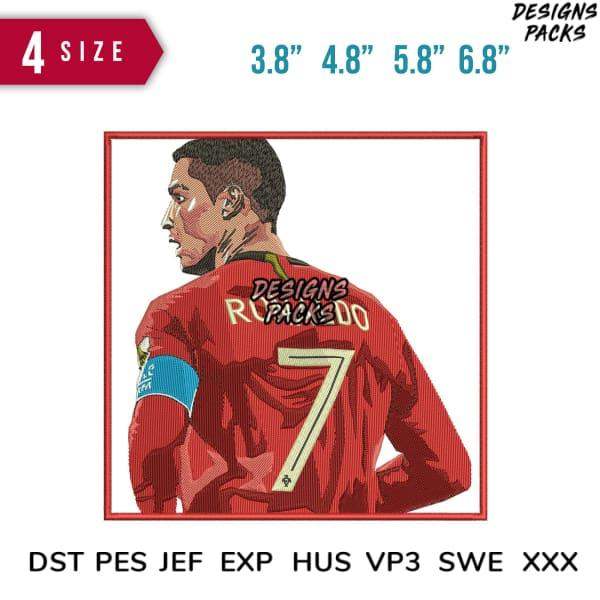 Embroidery design of soccer player in red jersey with number 7, available in DST PES JEF formats