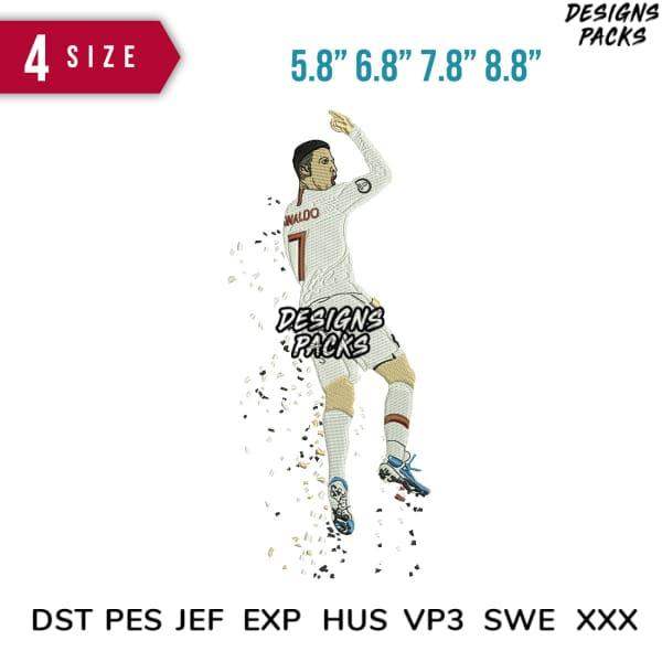 Cristiano Ronaldo soccer embroidery design in 4 sizes, print-ready PES DST formats for shirts