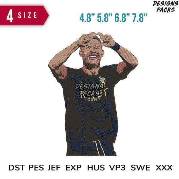Embroidery design of a man in a DesignsPacks t-shirt making heart shape with hands, available in multiple sizes and formats.