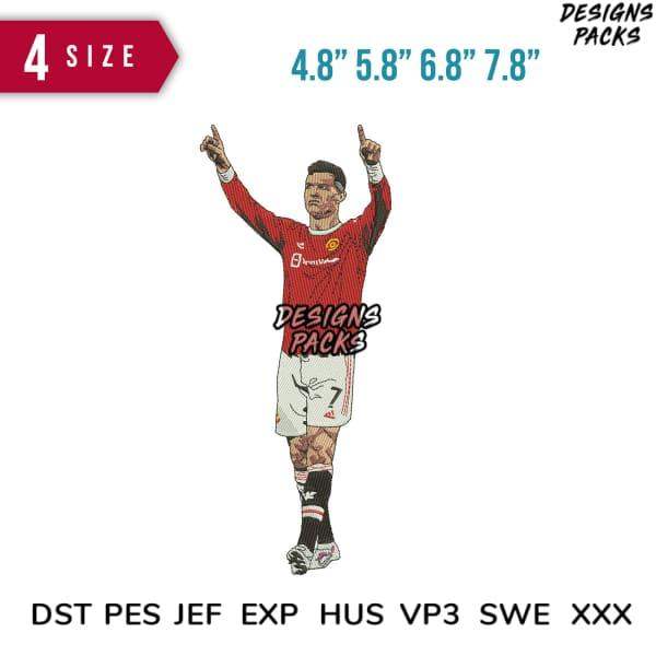 Embroidery design of soccer player in red jersey, available in PES, DST, EXP formats, 4 sizes