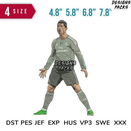 Soccer player embroidery design in 4 sizes, DST PES formats, print-ready for sports apparel