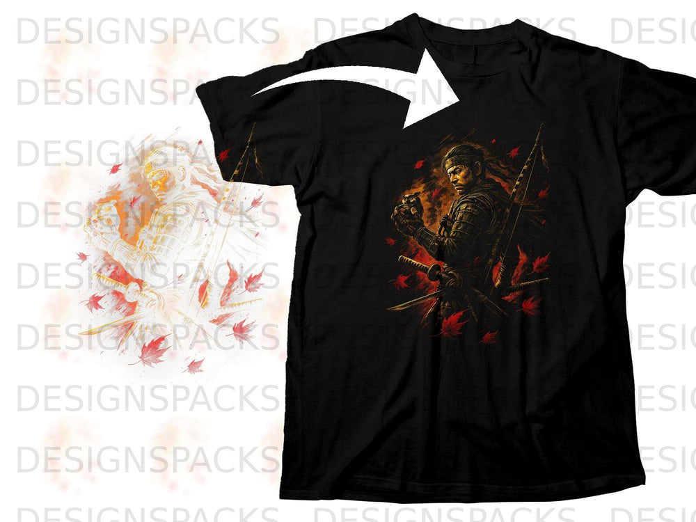 Black t-shirt featuring a samurai warrior with a sword and red maple leaves.