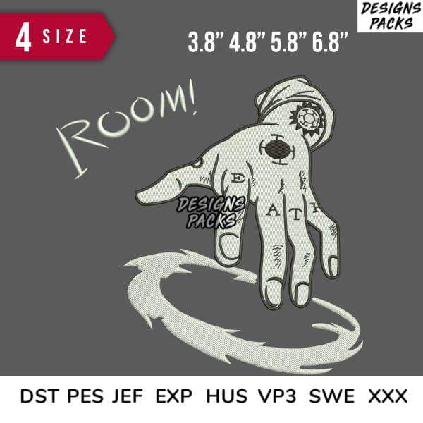 Tattooed hand design with 'Room!' text, available in 4 sizes for embroidery, DTF, DTG, tumbler wraps