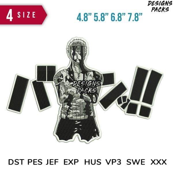Anime-style embroidery design with 4 size options, compatible with DST PES JEF formats for instant download.