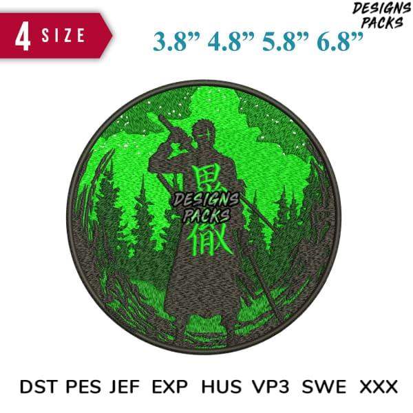 Embroidery design: samurai in green forest, 4 sizes, DST PES JEF formats