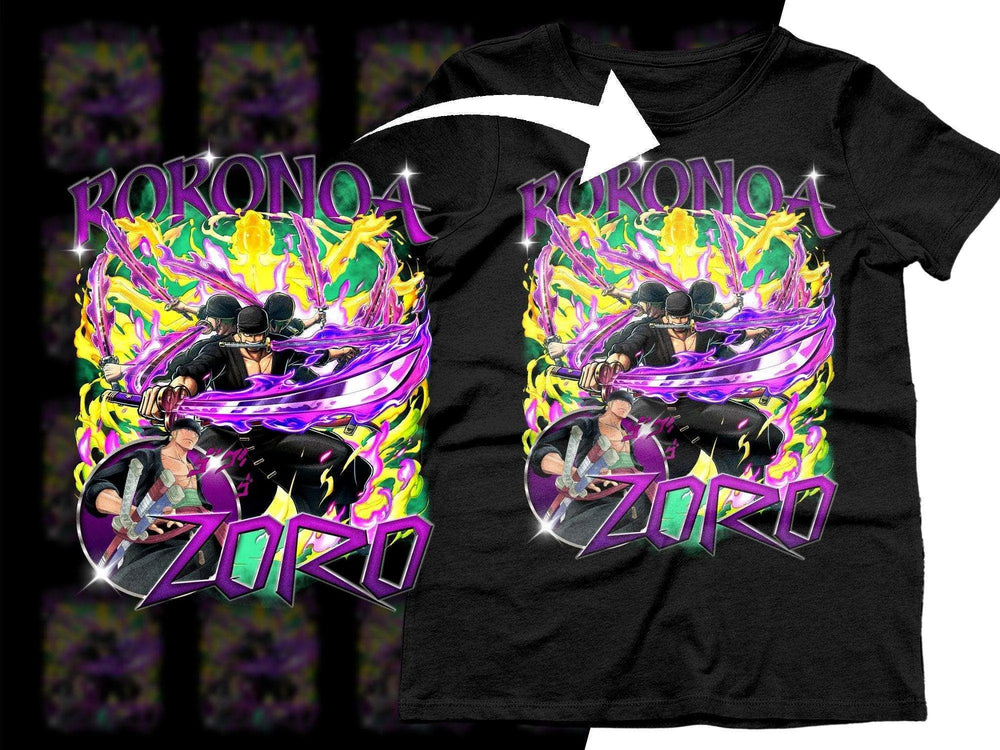Zoro Roronoa anime t-shirt design with vibrant purple and yellow flames, print-ready for DTG or DTF.