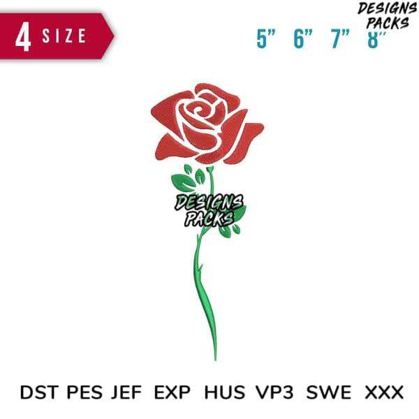Red rose embroidery design in 4 sizes, compatible with DST PES JEF formats for machine stitching