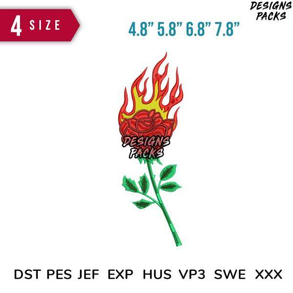 Flaming rose embroidery design in 4 sizes, PES DST JEF formats for DTG, DTF, tumbler wraps