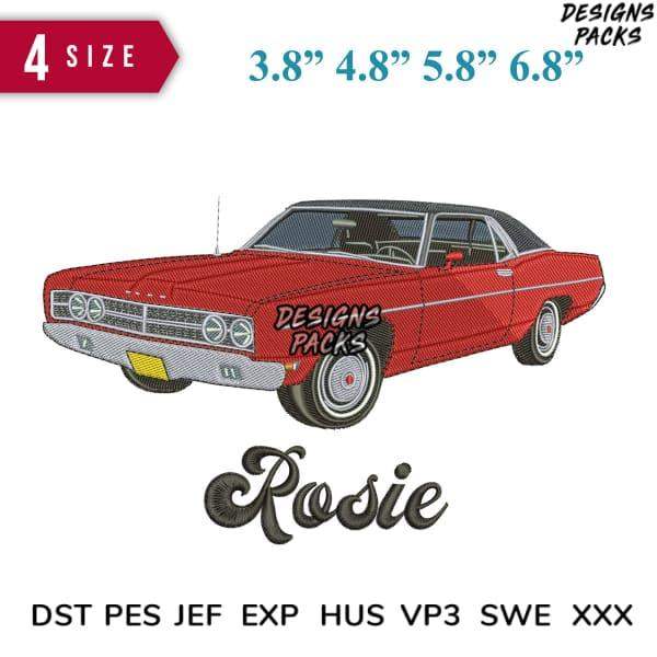 Rosie vintage car embroidery design in 4 sizes, DTF/DTG ready, PES SVG formats