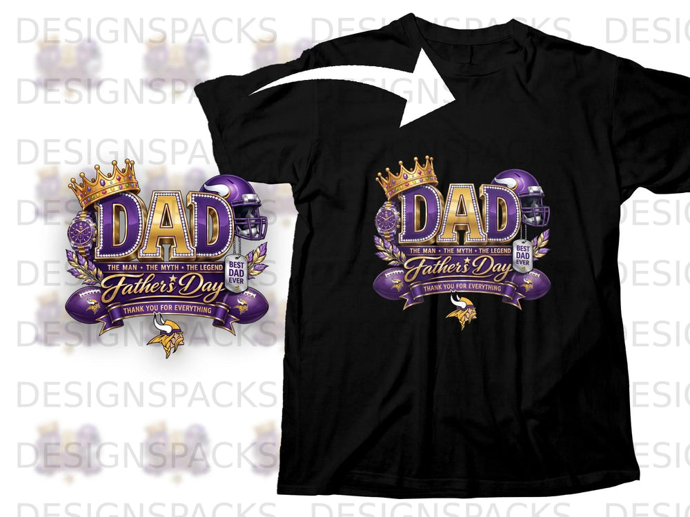 Black t-shirt with "Dad Father's Day" graphic featuring footballs and Vikings helmet.