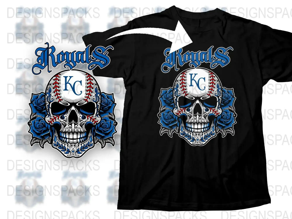 Gothic Skull T-Shirt, Royals KC Design, Blue and White Graphic Tee, Unisex Fashion, Sports Fan Apparel