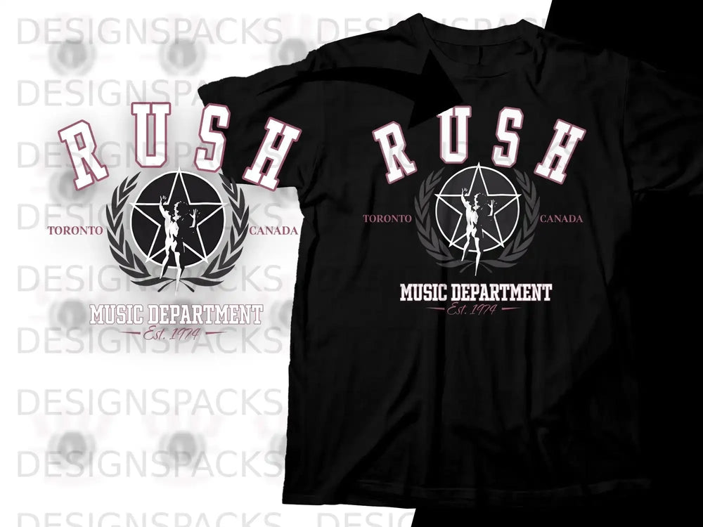 Black t-shirt with Rush's "Music Department Est. 1974" design.