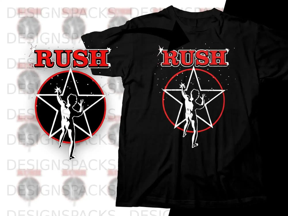 Black t-shirt with red star and Rush band logo.
