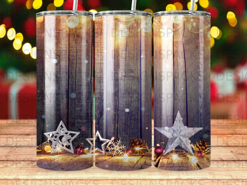 Rustic Wood Fairy Lights Christmas Stars Tumbler Digital Wrap Design