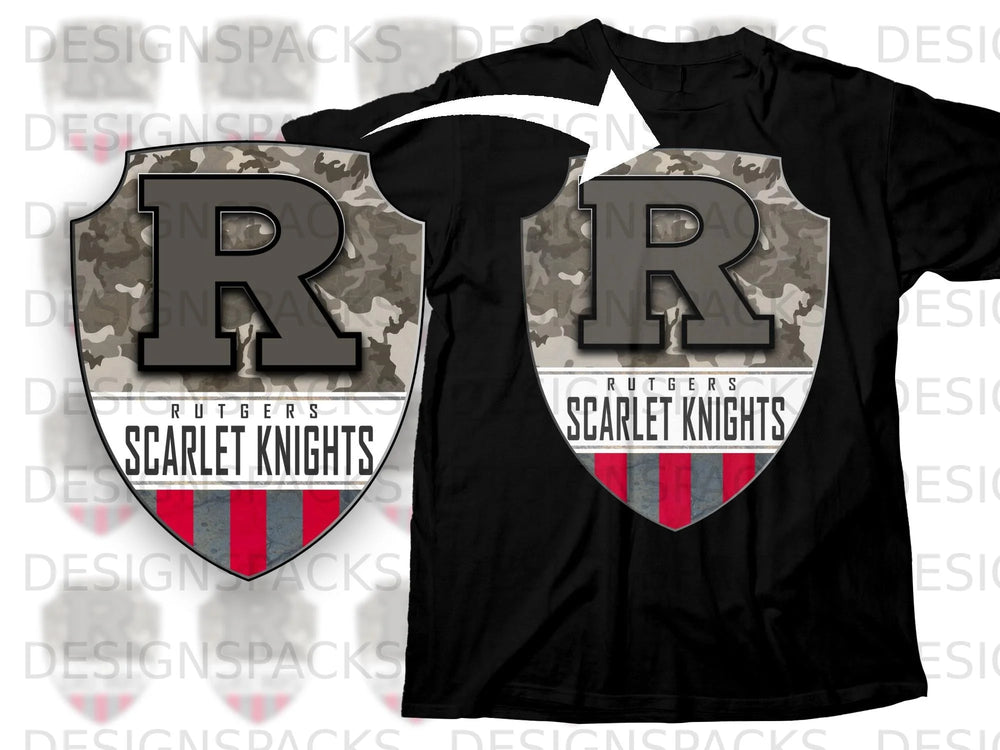 Black t-shirt with Rutgers Scarlet Knights logo featuring a large R.