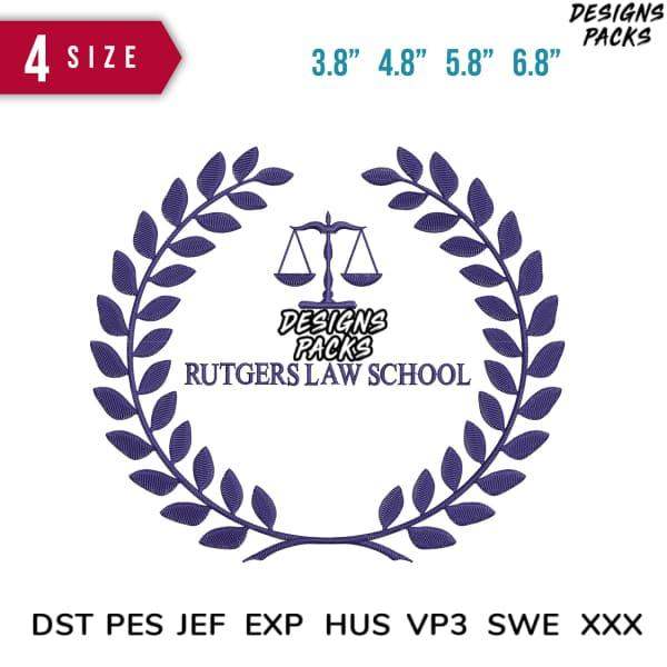 Rutgers Law School embroidery design with laurel wreath and scales of justice, available in 4 sizes and multiple formats