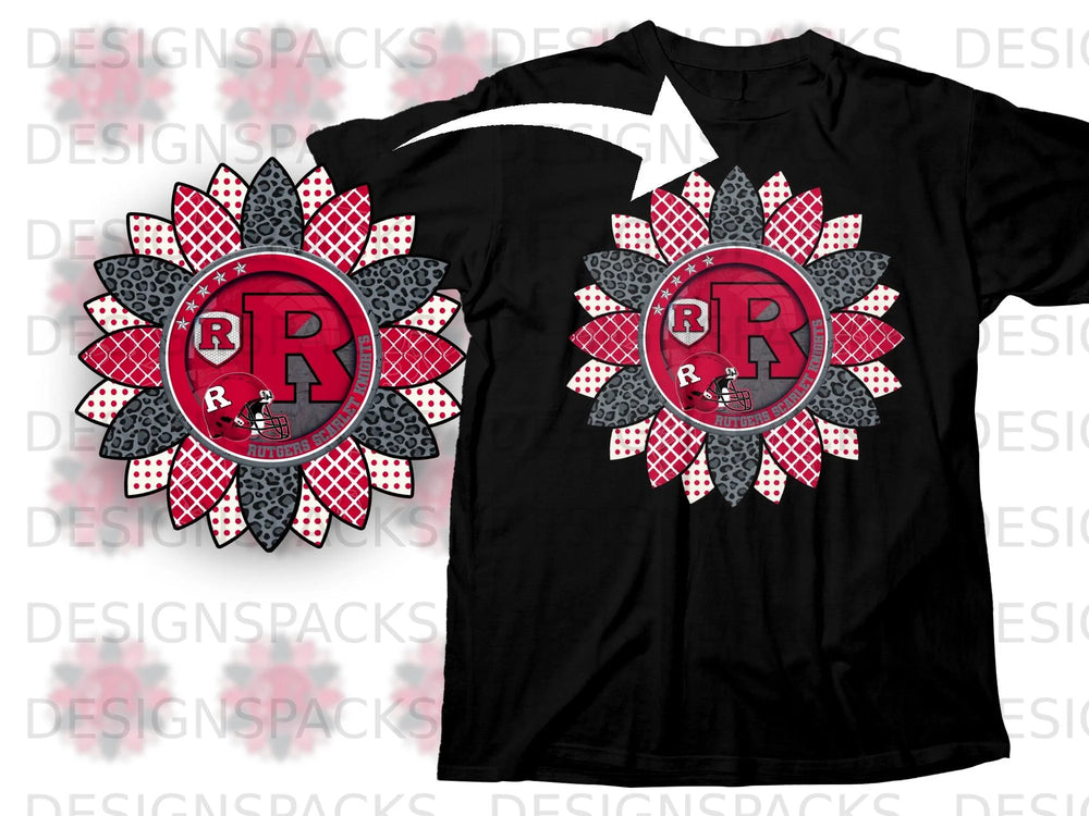 Black t-shirt with Rutgers Scarlet Knights themed sunflower graphic.