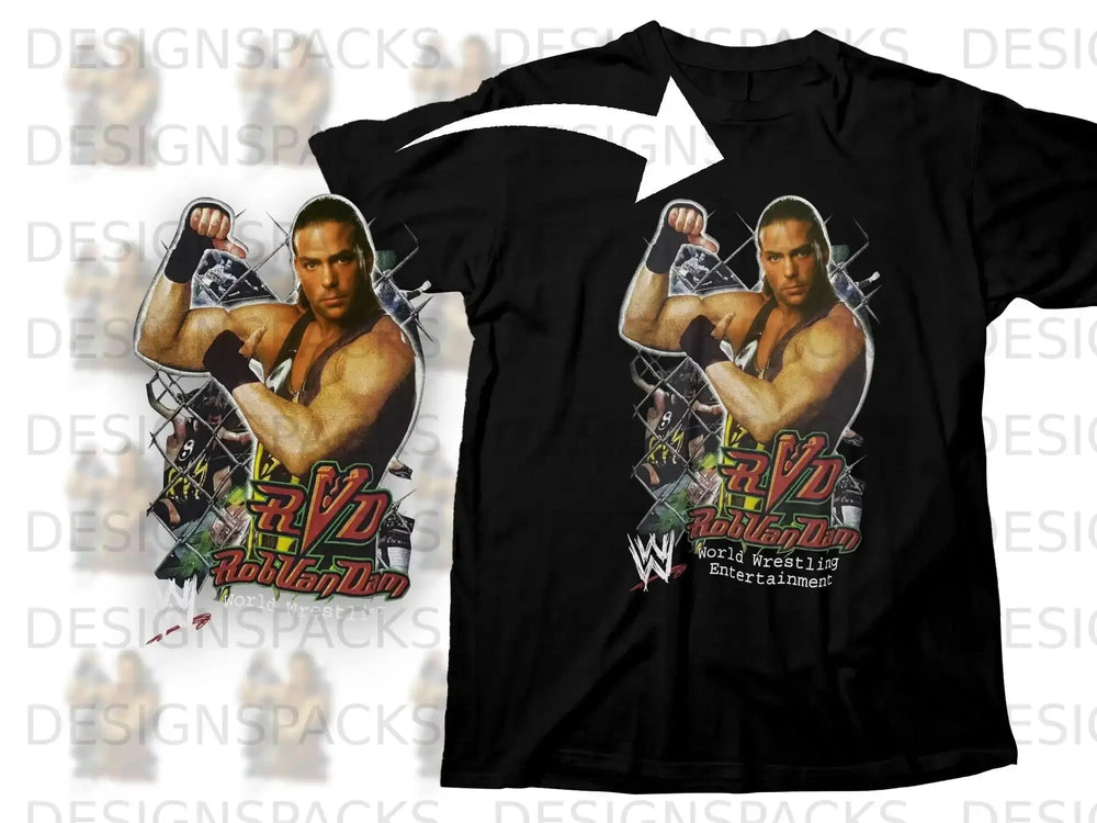 Black t-shirt featuring Rob Van Dam flexing, with "World Wrestling Entertainment" text.