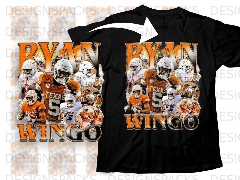Texas Longhorns football player Wingo on a black t-shirt.