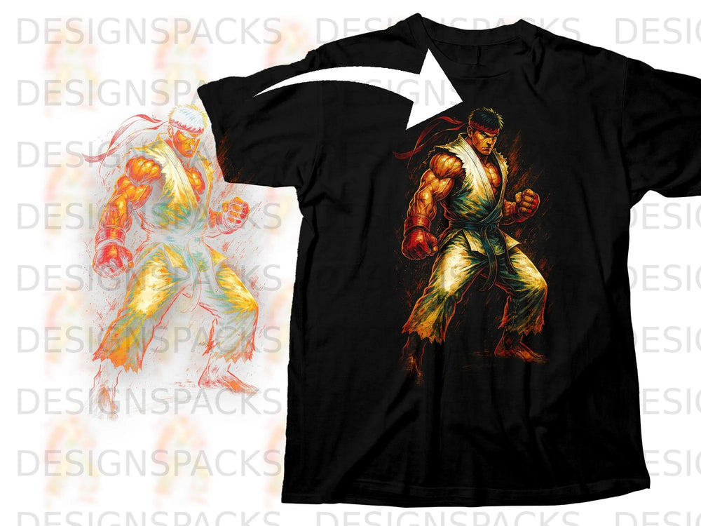 Black t-shirt with a martial artist character design inspired by Ryu.